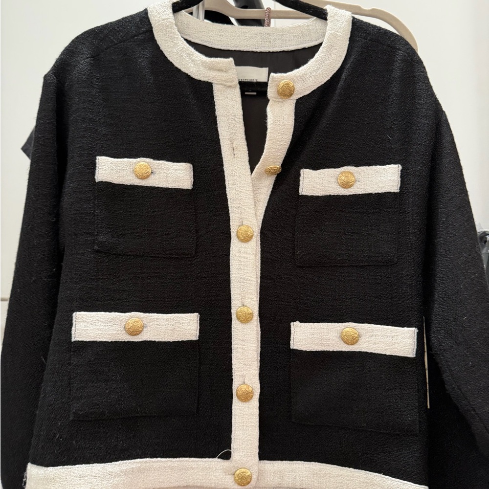 Anthropologie Black and White Tweed Jacket with Gold Buttons